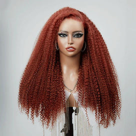 Effet Volume Instantané 9x6 Glueless Couleur Brun rougeâtre Nœuds Pré-blanchis Kinky Curly Perruque Sans Colle