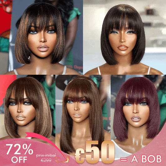 €𝟓𝟎/𝐁𝐨𝐛🔥Soyeux Glueless Bob Perruque 5 Couleur Lisse Avec Frange Prix De Gros D'usine