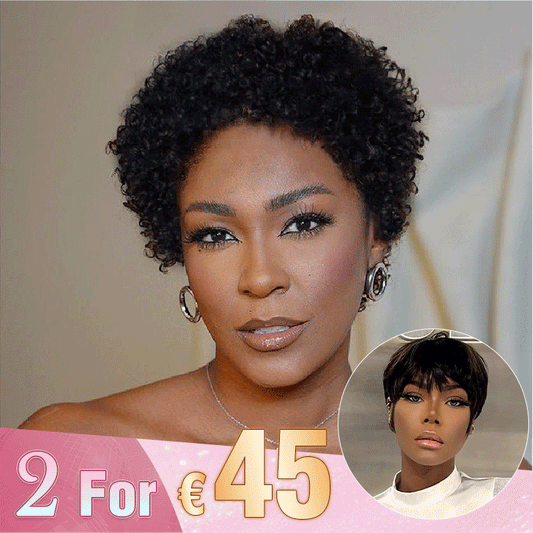 2 𝑭𝑶𝑹 €45🔥Glueless Easy-Wear Chic Sans Effort Laine Bouclée+Glueless Pixie Court Lisse Perruque Sans Colle