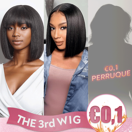 𝟑ᵉ 𝐩𝐞𝐫𝐫𝐮𝐪𝐮𝐞 𝐚̀ €𝟎,𝟏🔥Lisse Naturel 2x6 Dentelle Perruque 6"+Yaki Lisse Bob Perruque Avec Frange 10"