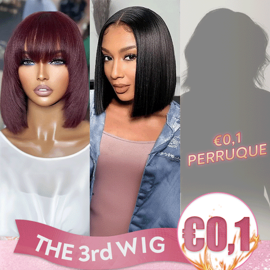 𝟑ᵉ 𝐩𝐞𝐫𝐫𝐮𝐪𝐮𝐞 𝐚̀ €𝟎,𝟏🔥Lisse Naturel 2x6 Dentelle Perruque 8"+Lisse 99J Coloré Avec Frange Perruque 10"