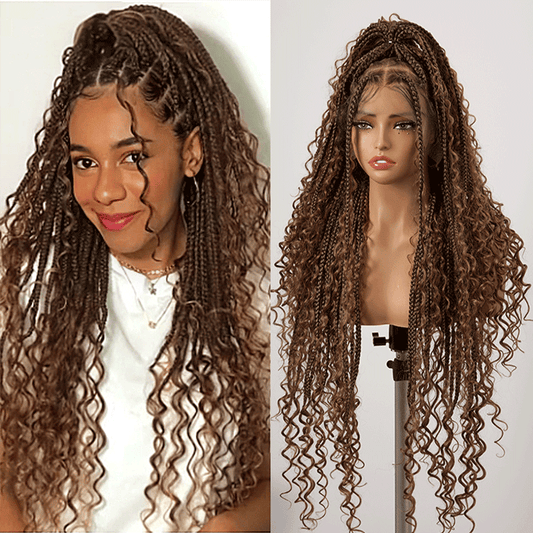 36 Pouces Perruque Tressée Bohème Brun Chocolat En Dentelle Complète Avec Cheveux De Bébé Synthétiques De Qualité Supérieure 300% Densité