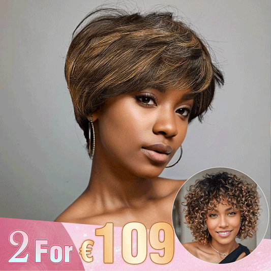 2 𝑭𝑶𝑹 €109🔥Perruque #4-27 Highlight Pixie+Blonde Highlight Lisse/Highlight Kinky Curly/Mèches Blondes Ondulé /Blond Ombré Bouclé/ Dégradé 99J Lisse
