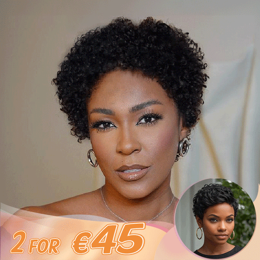 2 𝑭𝑶𝑹 €45🔥Glueless Easy-Wear Chic Sans Effort Laine Bouclée+Glueless Pixie Court Lisse Perruque Sans Colle