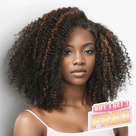 𝑩𝒖𝒚 1 𝑮𝒆𝒕 1 𝑭𝒓𝒆𝒆💥 9x6 Glueless Marron Highlight Bob Kinky Curly Perruque Sans Colle