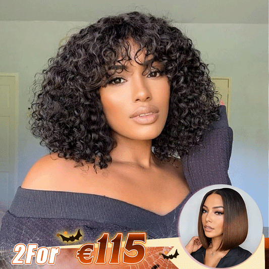 2 𝑭𝑶𝑹 €115🔥Glueless Bob Perruque Bouclée avec Frange Noir+ #4/27 /2×6 Dentelle Lisse/Ombre Brune Lisse/Boucles Rebondies/ Noir No Lace Avec Frange