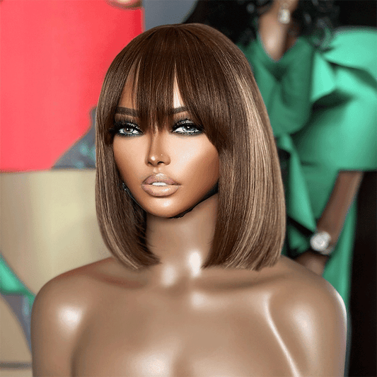 Brown Colored Bob wig with bangs Smooth 200% density