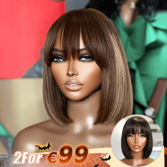2 𝑭𝑶𝑹 €99🔥 Essentiel De L'Été Soyeux Bob Facile À Coiffer Glueless Perruque Lisse Avec Frange