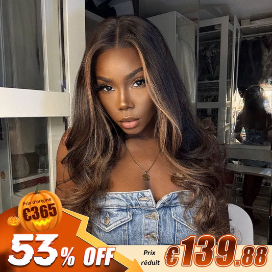 Glueless Luxe Couche 13x4 Highlight Perruque Sans Colle Ondulé Cheveux Humains Wear Go 250% Densité