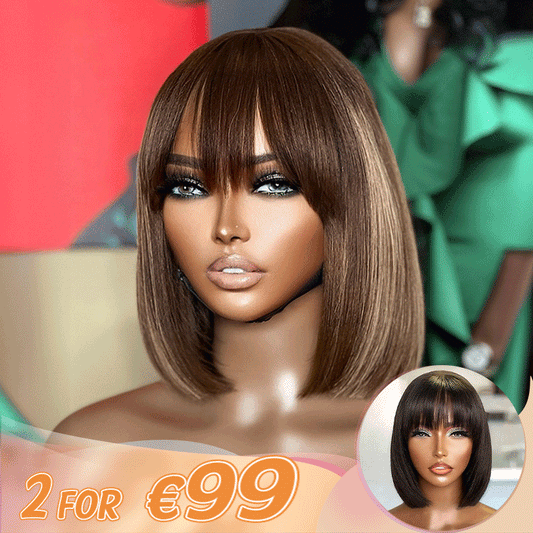 2 𝑭𝑶𝑹 €99🔥 Essentiel De L'Été Soyeux Bob Facile À Coiffer Glueless Perruque Lisse Avec Frange