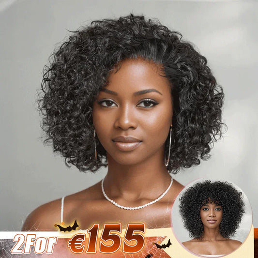 2 𝑭𝑶𝑹 €155.88🔥8"Glueless Courte Bouclée Bob+10"Glueless Bouclée Avec Franges Bob Perruque Sans Colle