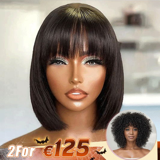 2 𝑭𝑶𝑹 €125.88🔥8"Lisse Avec Frange Bob +8"Glueless Bouclée Bob/10"Glueless Bouclée Avec Franges Bob Perruque