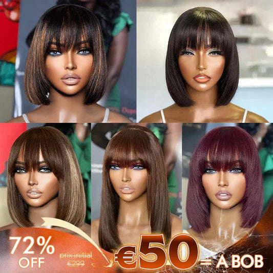 €𝟓𝟎/𝐁𝐨𝐛🔥Soyeux Glueless Bob Perruque 5 Couleur Lisse Avec Frange Prix De Gros D'usine