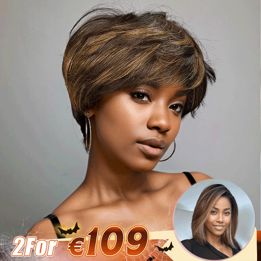 2 𝑭𝑶𝑹 €109🔥Perruque #4-27 Highlight Pixie+Blonde Highlight Lisse/Highlight Kinky Curly/Mèches Blondes Ondulé /Blond Ombré Bouclé/ Dégradé 99J Lisse