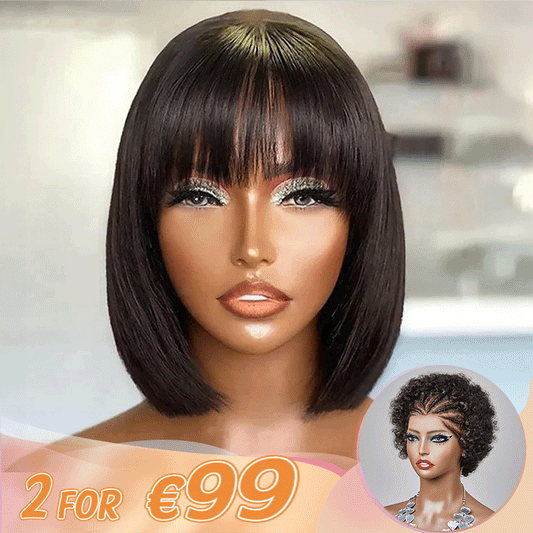 2 𝑭𝑶𝑹 €99🔥8"Lisse Avec Frange Bob+8"Soyeux Lisse 2x6 Dentelle/Noir Boucles Rebondies/Boucle Afro/Marron Boucles Rebondies Perruque