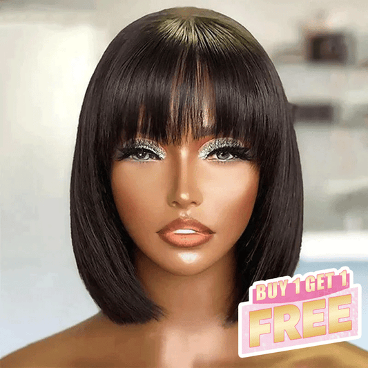 𝑩𝒖𝒚 1 𝑮𝒆𝒕 1 𝑭𝒓𝒆𝒆💥 Glueless Bob Perruque Avec Frange Perruque Cheveux Humains 200% Densité