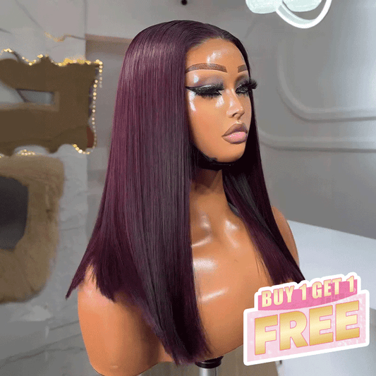 𝑩𝒖𝒚 1 𝑮𝒆𝒕 1 𝑭𝒓𝒆𝒆💥Soyeux Glueless Violet Foncé 5x5 Nœuds Blanchis Bob Sans Colle Lisse