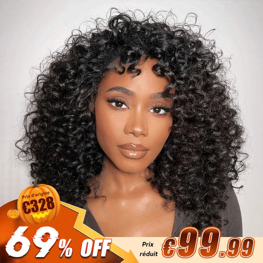 Glueless Bob Perruque Sans Colle Avec Frange Water Curly Texturé Cheveux Humains
