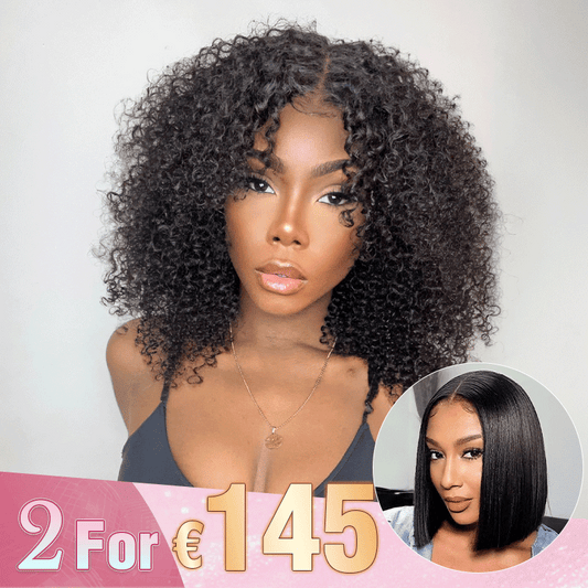 2 𝑭𝑶𝑹 €145.88🔥Glueless Bob 4×4 Noir Kinky Curly+Coupe Émoussée Soyeux Lisse 2x6 Dentelle Perruque