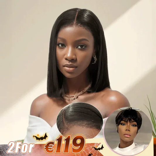 2 𝑭𝑶𝑹 €118.88🔥10" 9x6 Glueless Lisse 4C Edeges Bob+Glueless Pixie Court Perruque Sans Colle