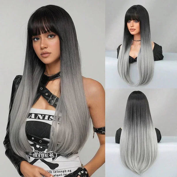 Perruque Halloween Femme,Halloween Wig Ladies Grey,Long Wavy Silver Grey Wig ,Perruque Grise Halloweens Femme,Ombre Grise Longue Ondulée,Pour