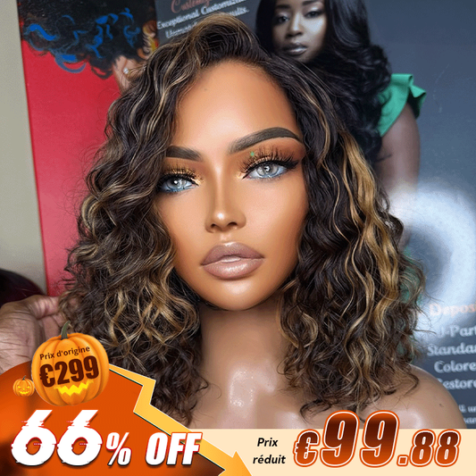 Glueless Couleur Mèches Blondes Miel 7x4 Nœuds Blanchis Perruque Sans Colle Bouclé