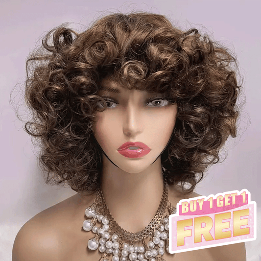 𝑩𝒖𝒚 1 𝑮𝒆𝒕 1 𝑭𝒓𝒆𝒆💥 Duveteux Glueless Bob Boucles Highlight Marron Perruque Sans Colle Cheveux Humains
