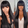 Facile Porter Glueless Perruque Frange Cheveux Humains Brésilien Noir Lisse 180% Densité