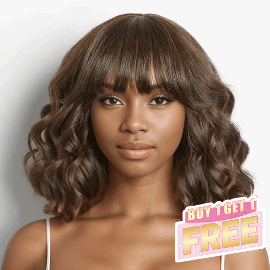 𝑩𝒖𝒚 1 𝑮𝒆𝒕 1 𝑭𝒓𝒆𝒆💥 Glueless Mignon Couleur Marron Loose Wave Perruque Bob Sans Colle Avec Franges