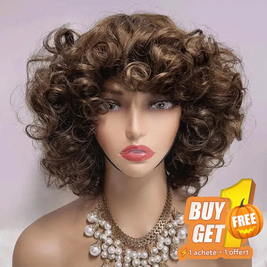 𝑩𝒖𝒚 1 𝑮𝒆𝒕 1 𝑭𝒓𝒆𝒆💥 Duveteux Glueless Bob Boucles Highlight Marron Perruque Sans Colle Cheveux Humains