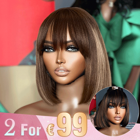 2 𝑭𝑶𝑹 €99🔥 Essentiel De L'Été Soyeux Bob Facile À Coiffer Glueless Perruque Lisse Avec Frange