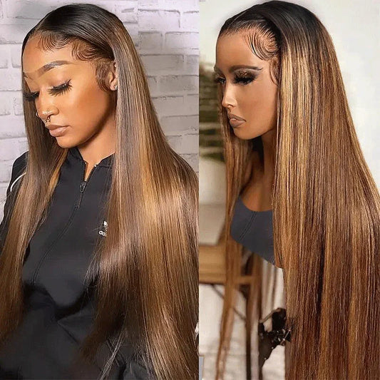 Soyeux & Brillants Glueless Couleur Ombre Highlight 13x4 Perruque Sans Colle Lisse