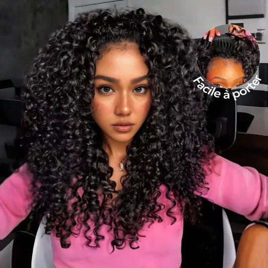 🔥4 In 1 Half Wig Deep Curly/Yaki straight Demi-Perruque À Cordon Serrage Flexi-Fit 250% Densité