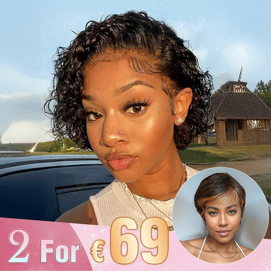2 𝑭𝑶𝑹 €69🔥Perruque 13×1 Lace Pixie Cut Bouclée +Noir/ Blonde Mélangé Noir/#4-27 Pixie/Ombre Blonde Pixie