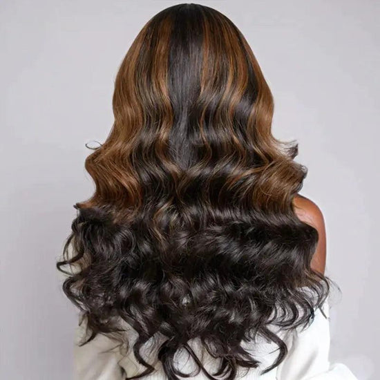 7x5 C Partie Couleur Marron Mélange Noir Perruque Sans Colle Avec Une Frange Body Wave - SHINE HAIR