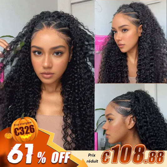 🔥4 In 1 Half Wig Deep Curly/Yaki straight Demi-Perruque À Cordon Serrage Flexi-Fit 250% Densité