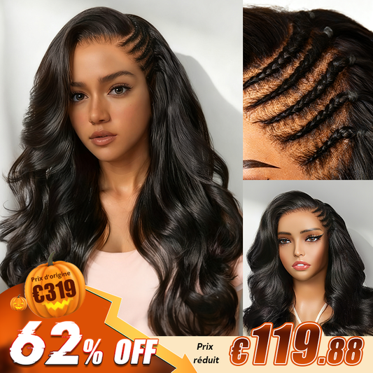 Naturel Glueless Pré-Tressé Sur Le Côté 13x4 Perruque Sans Colle Body Wave Cheveux Humains