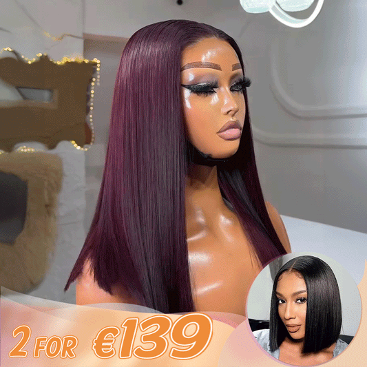 2 𝑭𝑶𝑹 €139🔥 Soyeux Glueless Violet Foncé 5x5 Perruque Sans Colle +2x6 Dentelle Bob Perruque