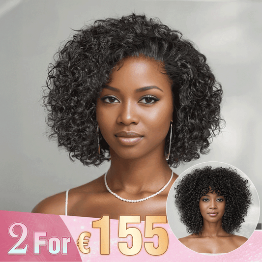2 𝑭𝑶𝑹 €155.88🔥8"Glueless Courte Bouclée Bob+10"Glueless Bouclée Avec Franges Bob Perruque Sans Colle