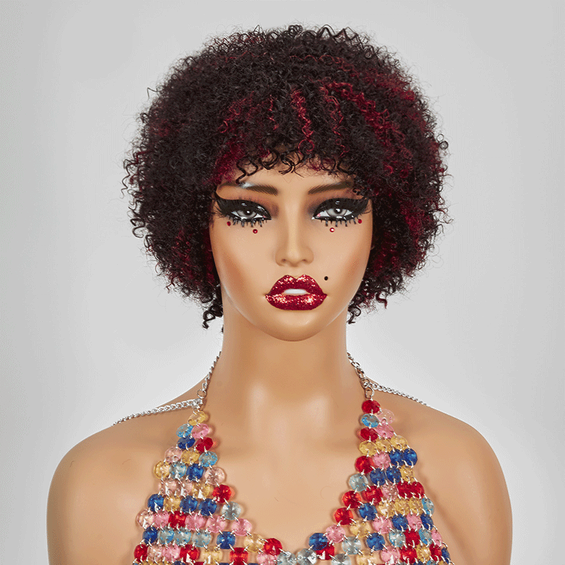 Glueless Afro Surlignage Rouge Kinky Curly Courte Bob Perruque Pixie Sans Colle - SHINE HAIR