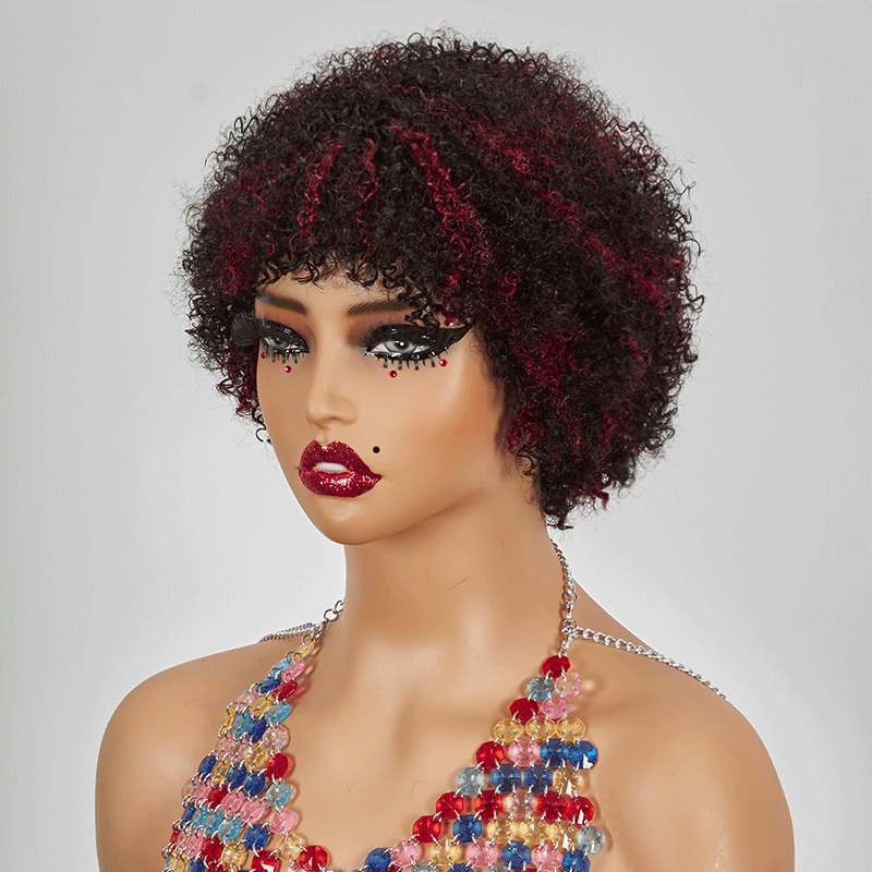Glueless Afro Surlignage Rouge Kinky Curly Courte Bob Perruque Pixie Sans Colle - SHINE HAIR