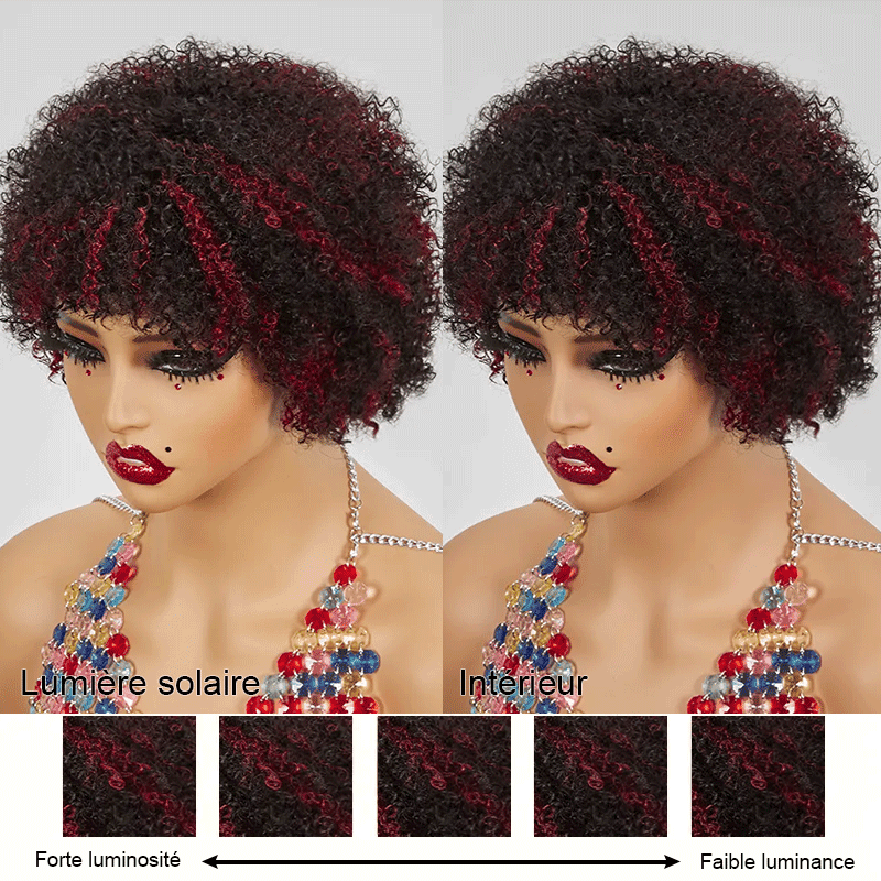 Glueless Afro Surlignage Rouge Kinky Curly Courte Bob Perruque Pixie Sans Colle - SHINE HAIR