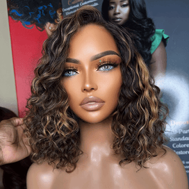 Glueless Couleur Mèches Blondes Miel 7x4 Nœuds Blanchis Perruque Sans Colle Bouclé