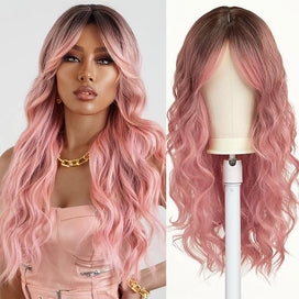 🎃28 Pouces Couleur Noir Ombré Rose Perruque Avec Frange Synthétique Ondulée De Idéale Pour Un Usage Quotidien, Les Soirées Ou Le Cosplay