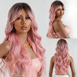 🎃28 Pouces Couleur Noir Ombré Rose Perruque Avec Frange Synthétique Ondulée De Idéale Pour Un Usage Quotidien, Les Soirées Ou Le Cosplay