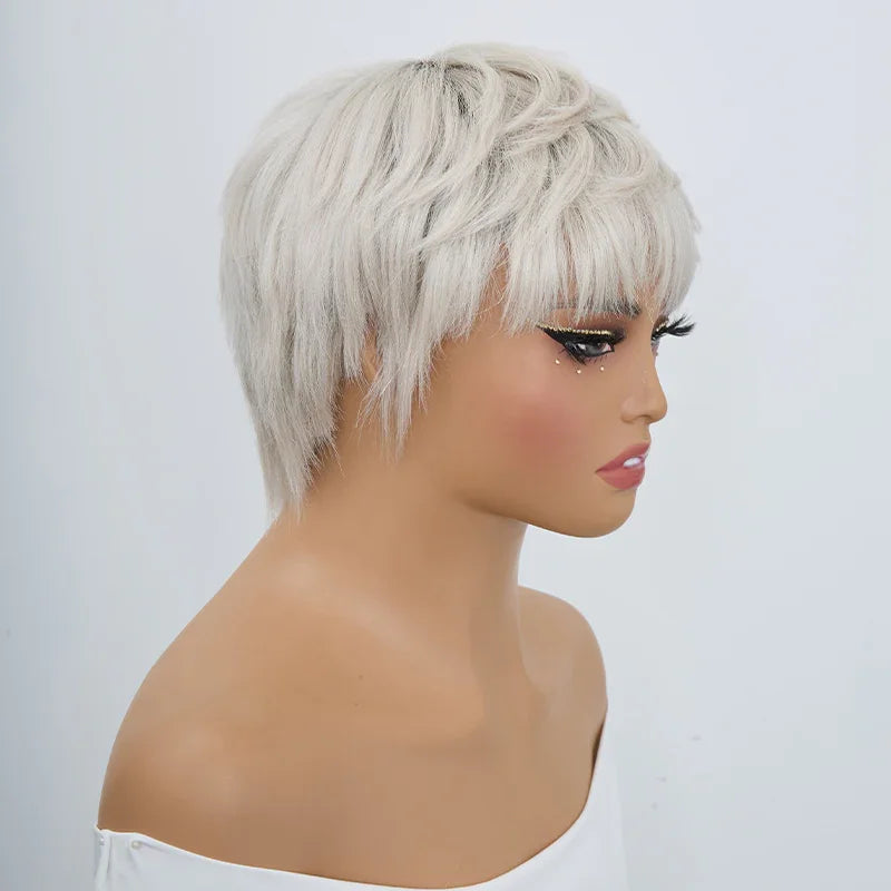Perruque Pixie Bob Lisse Blanc Argenté Glueless Sans Colle 100% Cheveux Humains