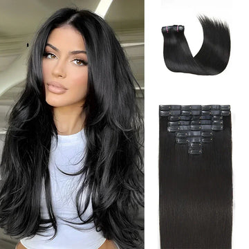 Extensions de cheveux à clipser noir naturel en cheveux humains (7 ou 8 pièces)