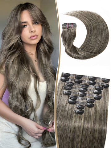 9 Pièces Extensions De Cheveux à Clipser Gris Argenté Bordeaux En Cheveux Naturels 125 g