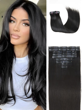 Extensions de cheveux à cliper noir naturel en cheveux humains (7 ou 8 pièces)