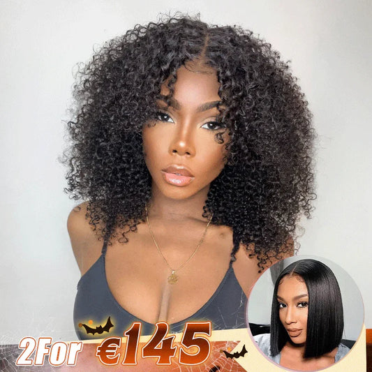 2 𝑭𝑶𝑹 €145.88🔥Glueless Bob 4×4 Noir Kinky Curly+Coupe Émoussée Soyeux Lisse 2x6 Dentelle Perruque